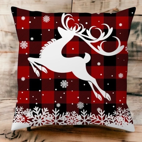 Pillow Cover Snowflake Deer Farmhouse Plaid Zippered Red Black Large 17.7 in - Picture 11 of 14